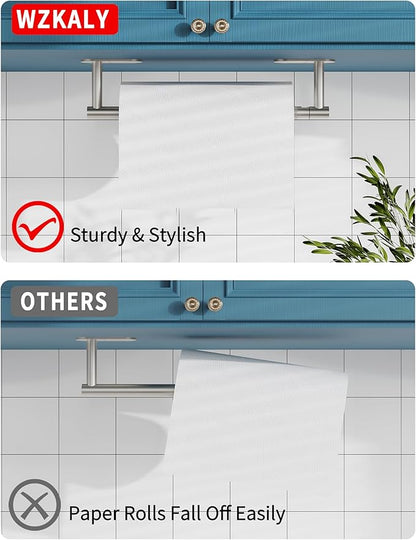 Paper Towel Holder Under Cabinet, Self Adhesive or Wall Mounted SUS304 Stainless Steel Paper Towel Holder for Kitchen, Bathroom(2 Towel Hooks, Silver) - Image 3