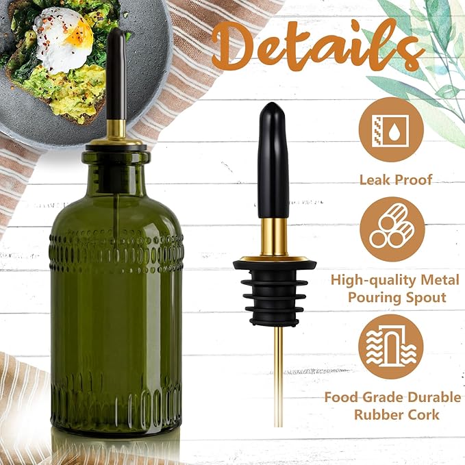 3 Pack Olive Oil Dispenser 7oz, Olive Green Glass Bottle with Metal Spout and Lid, Vinegar Cruet Kitchen Small Oil for Cooking, Salad, Baking (Elegant) - Image 4