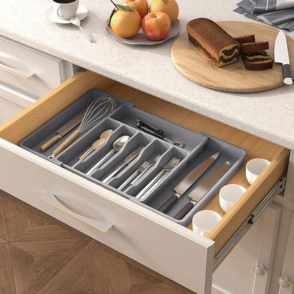 Lifewit Silverware Drawer Organizer, Expandable Utensil Tray for Kitchen, BPA Free Flatware and Cutlery Holder, Adjustable Plastic Storage for Spoons Forks Knives, 13-22 x 15", Grey - Image 7