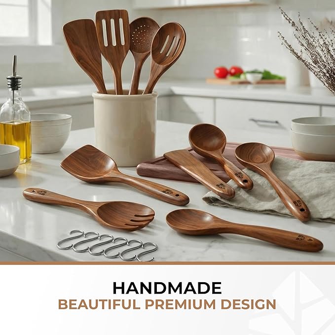 Wooden Spoons for Cooking – 10 Pcs Premium Teak Wooden Utensil Set with Hooks - Durable, Nonstick Safe, Easy to Clean & Heat Resistant with Ergonomic Handles - Image 7