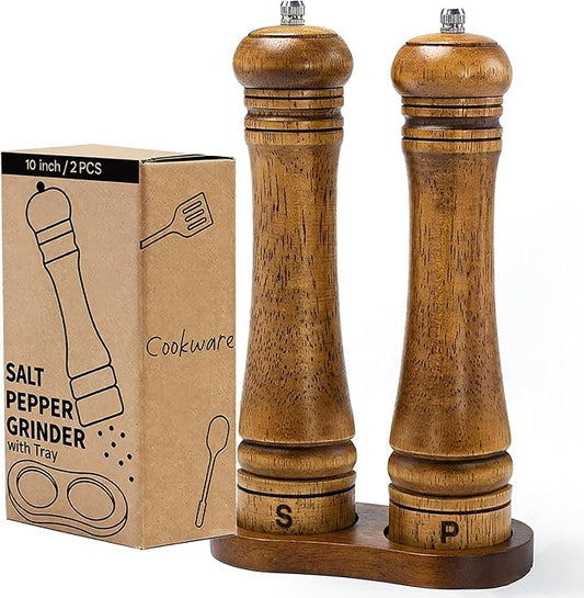 Wooden Salt and Pepper Grinder Set, Premium Oak Wood Salt Grinders Shakers, Pepper Mill with S and P Engraving, Adjustable Ceramic Grinder (10″ - 2 Packs with Tray) by MJINGMEI