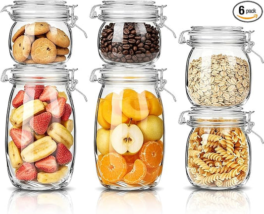 Glass Storage Jars with Airtight Lids Set of 6 (17 oz/26 oz/50 oz), Clear Glass Canister Containers Food Storage for Kitchen Pantry, Flour Sugar Coffee Beans Cereal Spice Tea, BPA-free