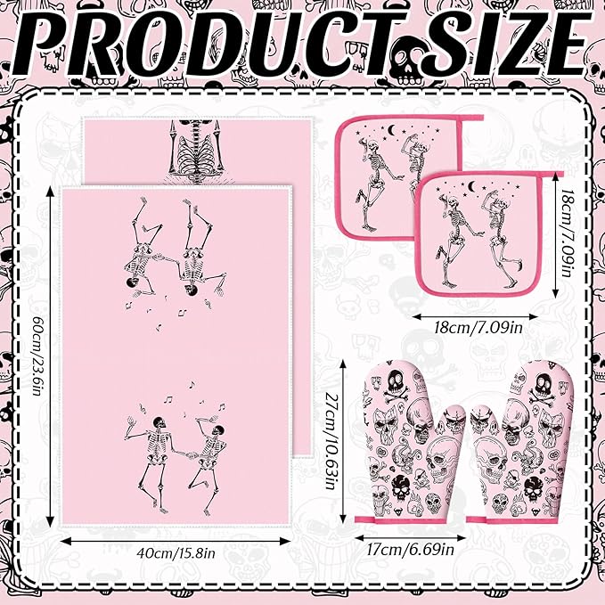 Leinuosen 8 Pcs Skull Kitchen Decor Set Kitchen Towels Gothic Oven Mitts and Pot Holders Skeleton Hand Dish Towels Horror Oven Mitts for Home Decoration Party Gifts (Pink,Dance) - Image 3