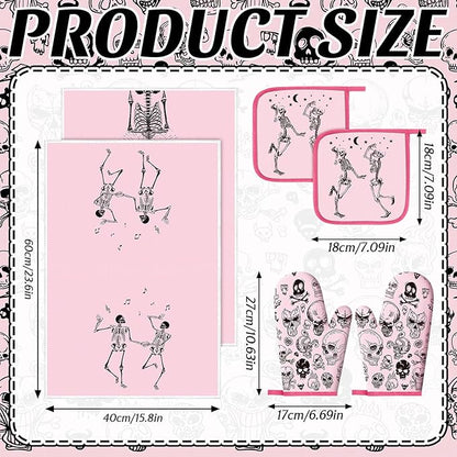 Leinuosen 8 Pcs Skull Kitchen Decor Set Kitchen Towels Gothic Oven Mitts and Pot Holders Skeleton Hand Dish Towels Horror Oven Mitts for Home Decoration Party Gifts (Pink,Dance) - Image 3