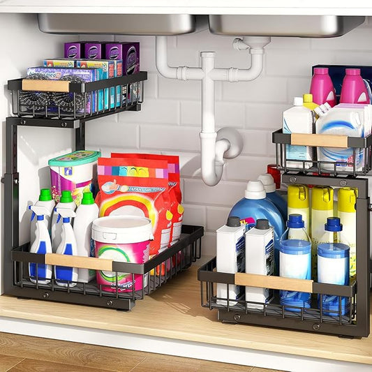 PXRACK Under Sink Organizer, Adjustable Height, 2 Tier Pull Out Under Cabinet Organizer, Slide Out Thickened Metal Under Sink Storage for Kitchen Bathroom Laundry Pantry Cabinet, Black, Large-2-Pack by PXRACK