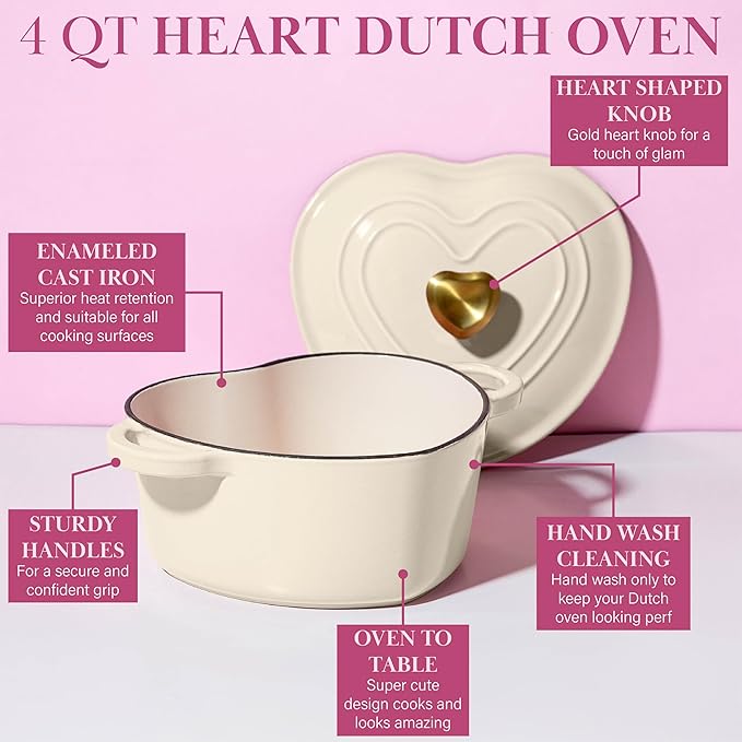 Paris Hilton Enameled Cast Iron Dutch Oven Heart-Shaped Pot with Lid, Dual Handles, Works on All Stovetops, Oven Safe to 500°F, 4-Quart, Cream - Image 6