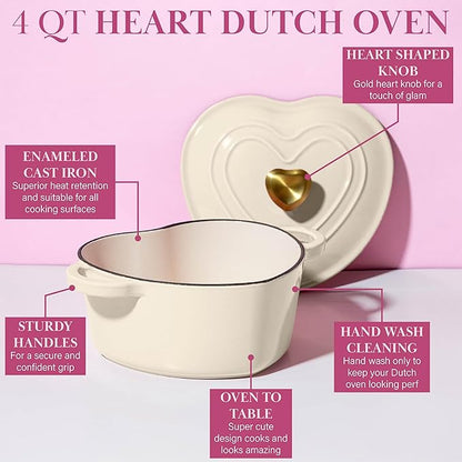 Paris Hilton Enameled Cast Iron Dutch Oven Heart-Shaped Pot with Lid, Dual Handles, Works on All Stovetops, Oven Safe to 500°F, 4-Quart, Cream - Image 6