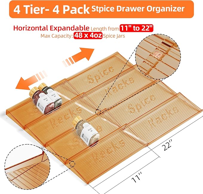 MUDEELA Clear Spice Drawer Organizer, 4 Tier- 4 Set (8 Packs) Spice Rack for Drawer, Expandable From 11" to 22" Kitchen Seasoning Organizers and Storage for Drawer (Jars not included), Amber - Image 2