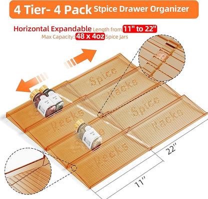 MUDEELA Clear Spice Drawer Organizer, 4 Tier- 4 Set (8 Packs) Spice Rack for Drawer, Expandable From 11" to 22" Kitchen Seasoning Organizers and Storage for Drawer (Jars not included), Amber - Image 2