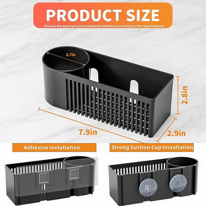 SuoXing Inside Sink Sponge Holder,Black Rustproof Sink Caddy and Scrub Holder for Kitchen Sink with Suction Cup,Adhesive,Plastic Dish Sink Organizer for Scrub Brush,Scrubber,Dish Sponge,Spinge Holder - Image 3