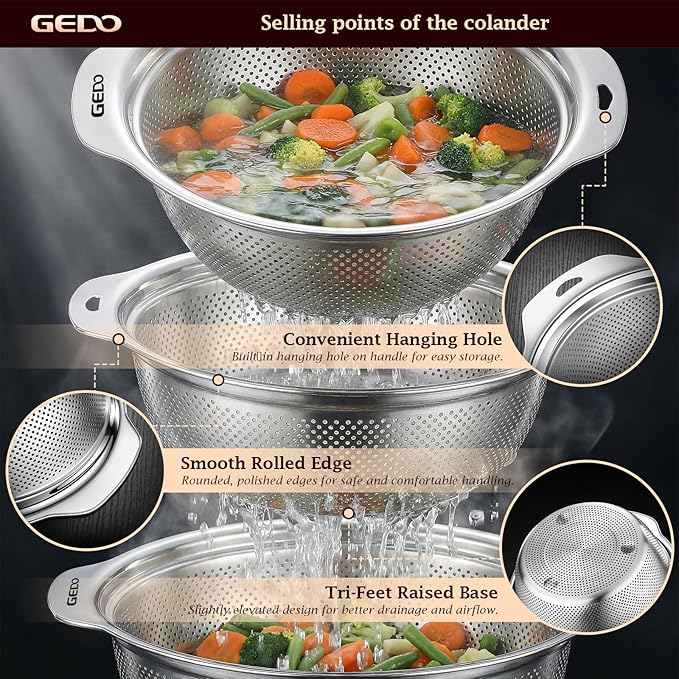 GEDO 304 Stainless Steel Colander Set, 3 Pack Kitchen Food Strainer with Handles, Nestable Metal Colanders for Washing Vegetables Fruits, Draining Pasta, Rinsing Rice, Dishwasher Safe Sink Strainer