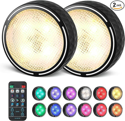 Puck Lights with Remote, Battery Operated LED Under Cabinet Lighting with Timer, Warm White & RGB Color Changing Stick on Tap Push Light for Kitchen Counter, Shelf, Display Case, 2 Pack, Black