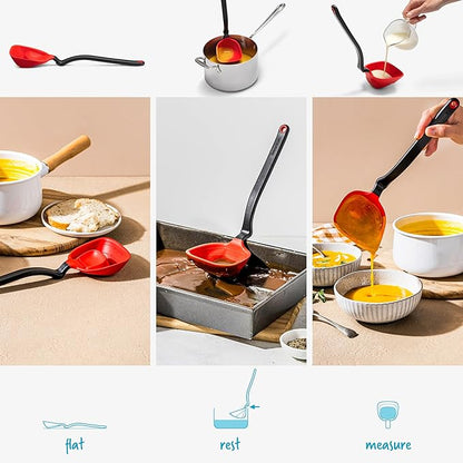 Dreamfarm Fladle Fold-Flat, Space-Saving Serving & Cooking Ladle Measures up to 1/2 Cup with Silicone Scraping Squeegee-Tip - 12" Red
