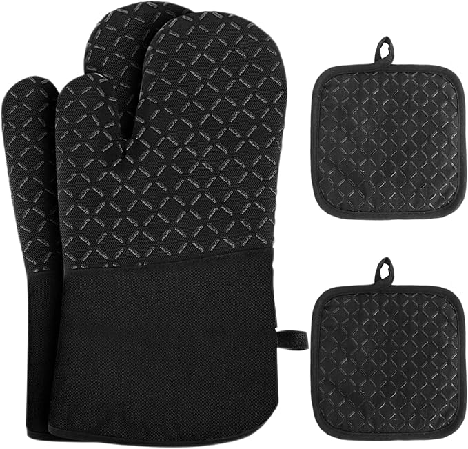 4 Pcs Oven Mitts and Pot Holders,Oven Glove High Heat Resistant 500 Degree,Long Oven Mitts with Recycled Cotton Infill and Silicone Non-Slip Surface for Baking,Kitchen,Cooking(Black) by -PlantWateringGlobes-