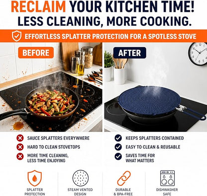 Silicone Splatter Screen for Frying Pan, 13” Navy – Grease & Oil Splatter Guard, Heat Resistant, Dishwasher Safe, Foldable Handle with Sleeves – Splash Guard Fits 10–12” Pans, Most 13” Skillets - Image 2