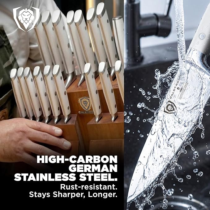 Dalstrong 18-Piece Gladiator Colossal Knife Block Set (White Handles) — German High-Carbon Steel, Full-Tang, Hand-Sharpened — For Home Chefs, Wedding Registries & Serious Kitchens — Acacia Block, NSF - Image 3