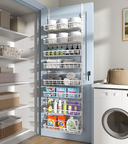 Mefirt Over The Door Pantry Organizer, Wall Mount Spice Rack, Pantry Hanging Storage and Organization, 8 Adjustable Baskets Heavy-Duty Metal for Home & Kitchen, Back of Door Seasoning Rack - White - Image 4