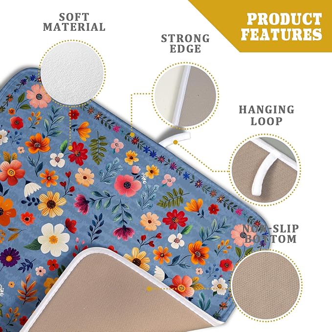 Lovely Flowers Dish Drying Mat - Blue Floral Kitchen Counter Microfiber Drying Pad 16 X 18 for Home Decor - Image 4