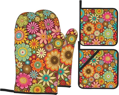 Mandala Flower Pattern Oven Gloves and Hot Pads Set - Heatproof Hand Protection for Baking, Grilling, Cooking 4Pcs