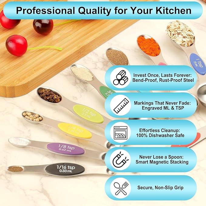 Magnetic Measuring Spoons Set of 9 with Leveler, Color-Coded Dual Sided Stainless Steel Measuring Spoon Set, Stackable Teaspoon and Tablespoon Set for Baking, Cooking, Kitchen Gadgets Dishwasher Safe - Image 5
