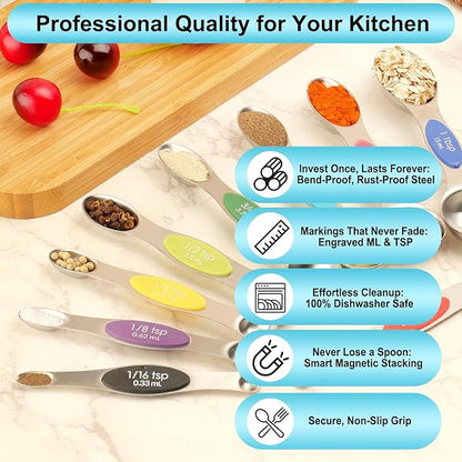 Magnetic Measuring Spoons Set of 9 with Leveler, Color-Coded Dual Sided Stainless Steel Measuring Spoon Set, Stackable Teaspoon and Tablespoon Set for Baking, Cooking, Kitchen Gadgets Dishwasher Safe - Image 5
