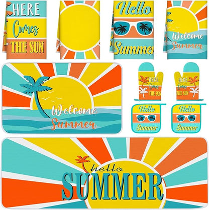 Fourluoo 10 Pcs Hello Summer Kitchen Decor and Accessories Sunshine Beach Oven Mitts and Pot Holders Set Sunglass Dish Towels Boho Kitchen Decor Palm Gloves for Baking Cooking Grilling BBQ Women Gift