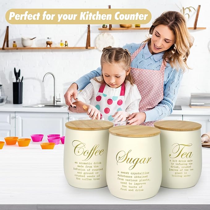 Coffee Tea Sugar Container Set of 3,Farmhouse Storage Containers Jars,Airtight Metal Kitchen Canister Set with Bamboo Lids for Kitchen Counter Dining Room (Metal, 1)