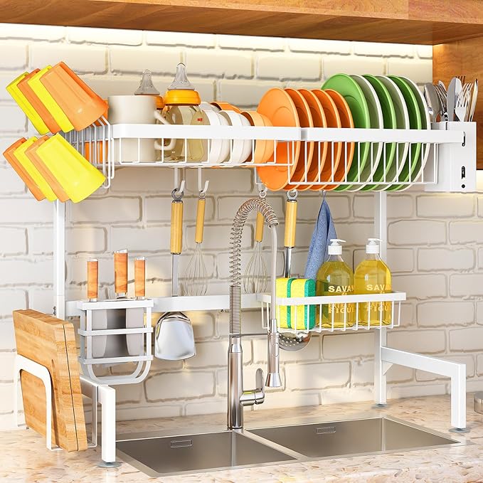 SNTD Over The Sink Dish Drying Rack - Adjustable Dish Rack for Kitchen Counter, Metal (White) by SNTD