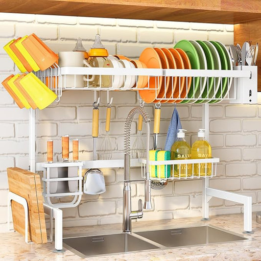 SNTD Over The Sink Dish Drying Rack - Adjustable Dish Rack for Kitchen Counter, Metal (White) by SNTD