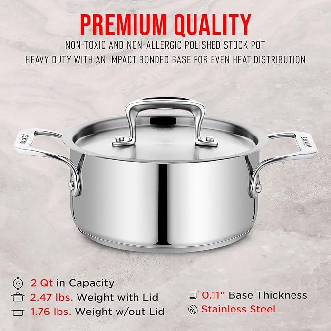 Stainless Steel Stockpot with Lid 2 Quart, Durable 18/8 Stainless Steel, Impact-Bonded Base for Even Heating, Riveted Handles, Oven & All Stove Compatible, Safe Up To 500°F (260°C) - Image 6