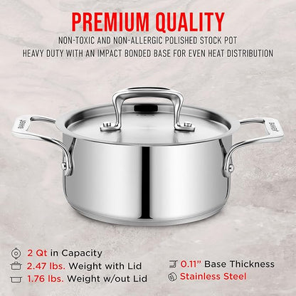 Stainless Steel Stockpot with Lid 2 Quart, Durable 18/8 Stainless Steel, Impact-Bonded Base for Even Heating, Riveted Handles, Oven & All Stove Compatible, Safe Up To 500°F (260°C) - Image 6
