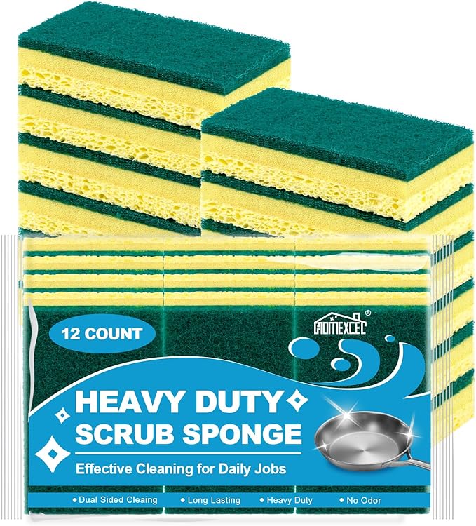 HOMEXCEL Sponges Kitchen 12pcs, Heavy Duty Sponges for Dishes, Scrub Cleaning Sponge for Non-Coated Cookware, Dishes, Pots, Pans, Dual Sided Dish Sponge for Kitchen, Household, Bathroom and More by HOMEXCEL