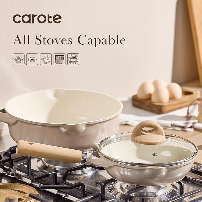 CAROTE 10" Ceramic Frying Pan with Lid, Non Stick Frying Pan Skillet Chef's Pan, Healthy & PFOA/PFAS Free, Induction-Compatible, Taupe - Image 5
