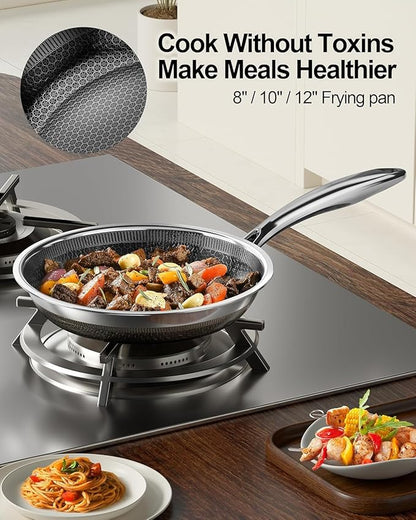 FogDream 8, 10, 12" Stainless Steel Frying Pan, Honeycomb Hybrid Nonstick Skillet for Induction & All Cooktops, PFAS/PFOA/PTFE Free, Oven Safe to 500°F, Stay-Cool Handle, Dishwasher Safe, Silver - Image 3