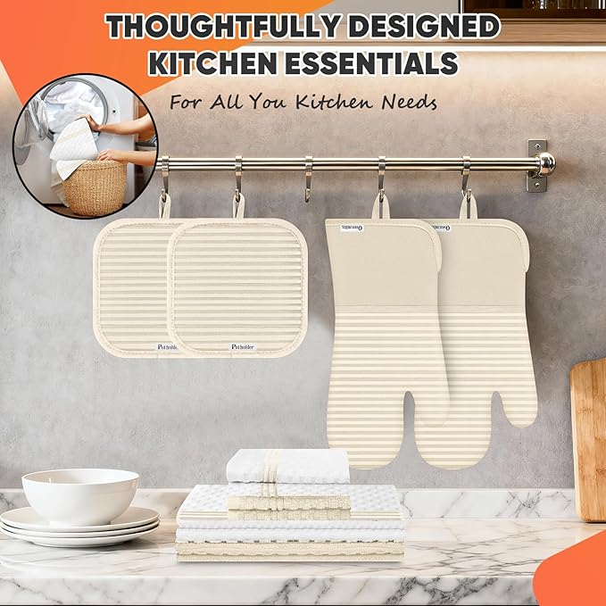 Oven Mitts Kitchen Towels and Dishcloths with Pot Holders Sets, Oven Gloves Hot Pads 500°F Heat Resistant with Silicone Grip, Include 2 Cooking Gloves/2 Potholders/4 Kitchen Towels/4 Dish Towels - Image 5