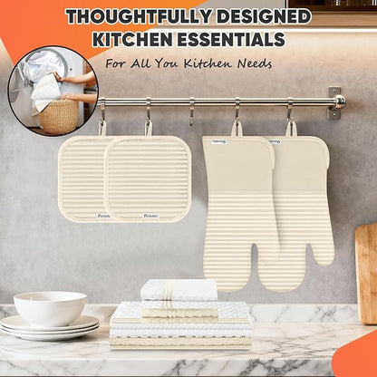 Oven Mitts Kitchen Towels and Dishcloths with Pot Holders Sets, Oven Gloves Hot Pads 500°F Heat Resistant with Silicone Grip, Include 2 Cooking Gloves/2 Potholders/4 Kitchen Towels/4 Dish Towels - Image 5