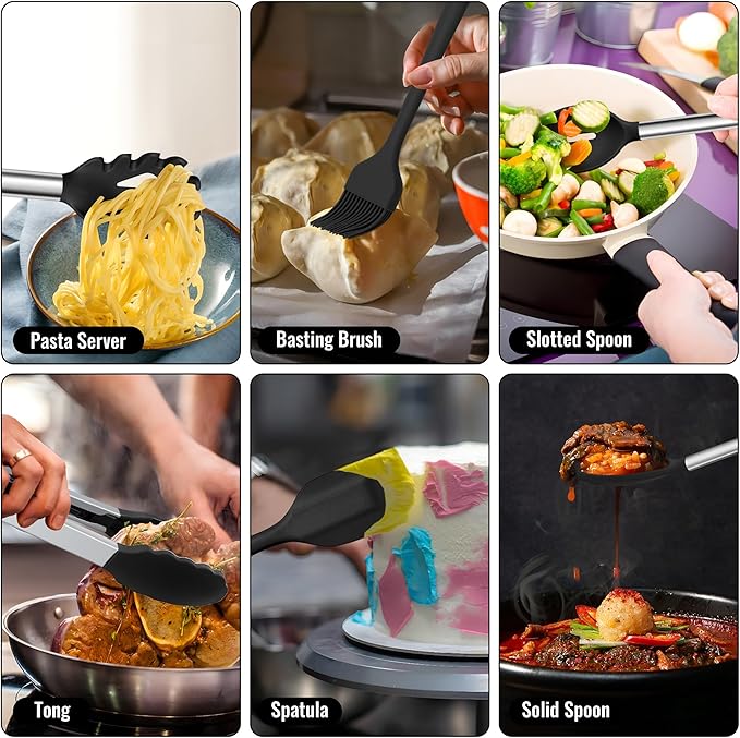 E-far 14 Pieces Silicone Cooking Utensils Set, Kitchen Utensils Set with Holder, Spatula, Ladle, Spoon, Tong, Slotted Turner for Nonstick Cookware, Heat Resistant & Stainless Steel Handle, Black - Image 6