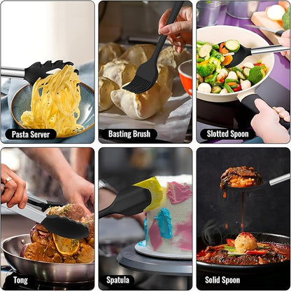 E-far 14 Pieces Silicone Cooking Utensils Set, Kitchen Utensils Set with Holder, Spatula, Ladle, Spoon, Tong, Slotted Turner for Nonstick Cookware, Heat Resistant & Stainless Steel Handle, Black - Image 6