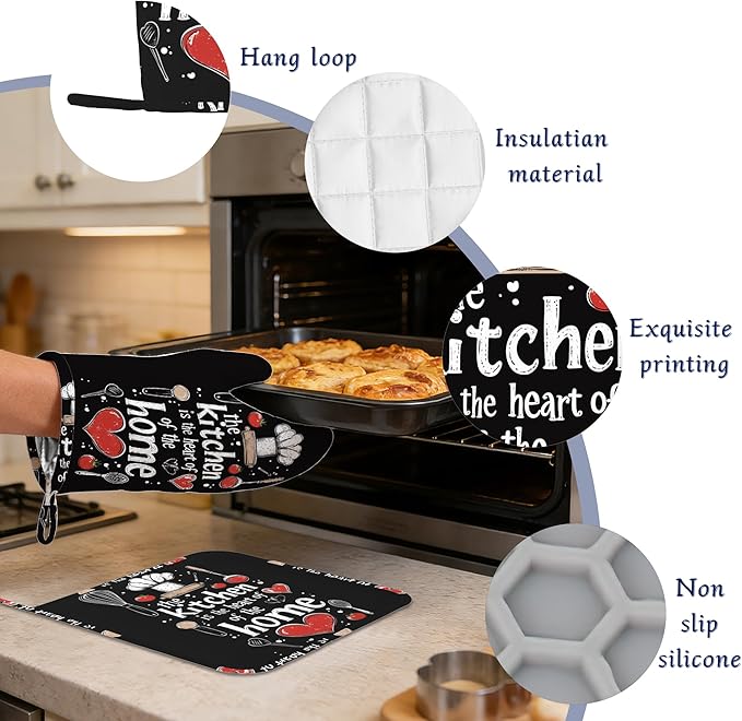 Funny Oven Mitts and Pot Holders Sets of 4 The Kitchen is The Heart of The Home Heat Resistant Silicone Oven Mits Gloves Non-Slip Kitchen Mittens Potholders for Cooking Baking Grilling BBQ