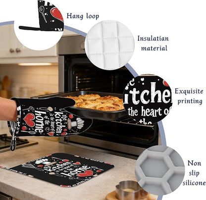Funny Oven Mitts and Pot Holders Sets of 4 The Kitchen is The Heart of The Home Heat Resistant Silicone Oven Mits Gloves Non-Slip Kitchen Mittens Potholders for Cooking Baking Grilling BBQ