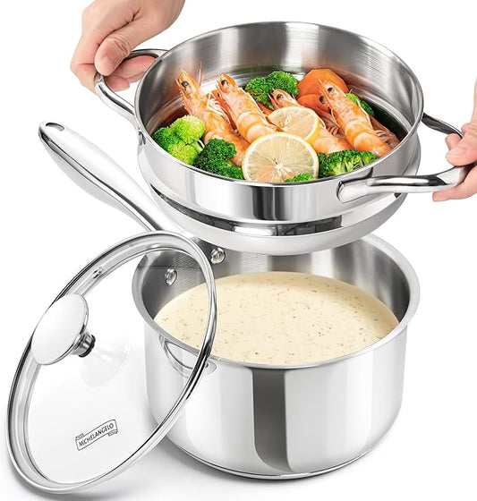 MICHELANGELO Stainless Steel Sauce Pan with Lid, 2.5 Quart Sauce Pan with Steamer Insert, Induction Saucepan, 2.5 Qt Stainless Steel Pot with Lid, Dishwasher & Oven Safe by Michelangelo