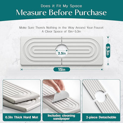 eormoe Faucet Mat for Kitchen Sink - Wider Diatomite Fast Drying Stone Sink Tray, Super Absorbent, Prevents Moisture Buildup - Faucet Splash Guard for Bathroom Counter (Light Grey, 15x5.3inch) - Image 4