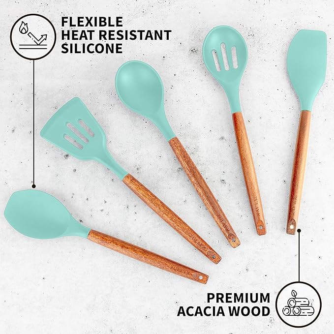 Zulay Kitchen Non-Stick Cooking Utensils Set with Authentic Acacia Wood Handles – 5-Piece Durable & Stylish Silicone Kitchen Utensils Set – Heat Resistant to 464°F – Aqua - Image 2