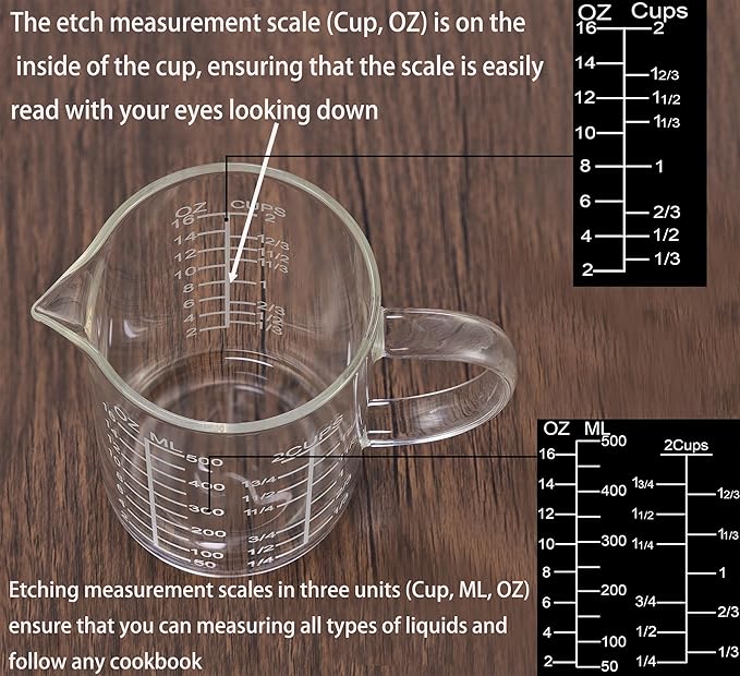 Ackers Mirror Etching Scale Glass Measuring Cup-[Insulated handle | V-Shaped Spout]-Made of High Borosilicate Glass Measuring Cup for Kitchen or Restaurant, Easy to Read, 500 ML (16 Oz, 2 Cup) - Image 3