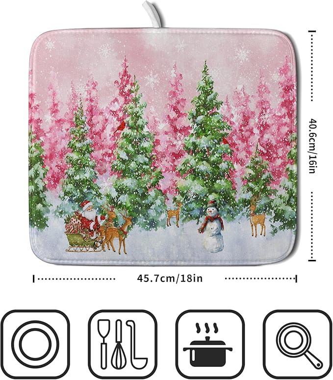 Santa Claus Dish Drying Mats for Kitchen Counter Watercolor Forest Decoration Coffee Mat for Table Decor - Image 2