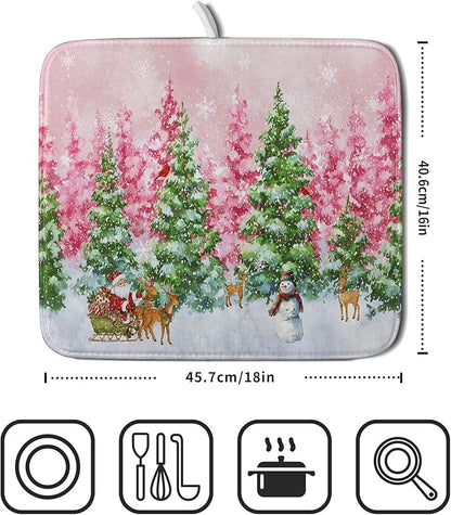 Santa Claus Dish Drying Mats for Kitchen Counter Watercolor Forest Decoration Coffee Mat for Table Decor - Image 2