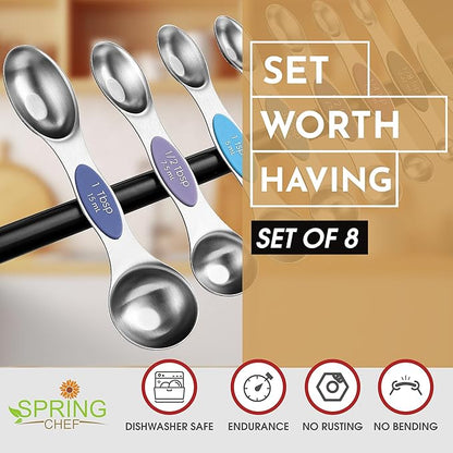 Spring Chef Stainless Steel Magnetic Measuring Spoons Set of 8 with Leveler, Dual Sided Metal Teaspoon & Tablespoon Measuring Spoons, Nesting Kitchen Gadgets for Baking & Cooking - Winter Frost - Image 2
