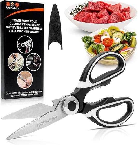 SpartaSake Premium Stainless Steel All Purpose Kitchen Shears with Sleeve - Heavy Duty Ultra Sharp kitchen Scissors for Food - Multipurpose Food Scissors for Meat Poultry Vegetable (Black-White)