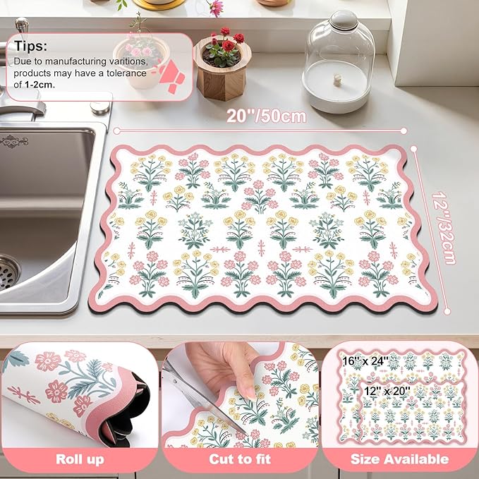 LOKHOM Scalloped Floral Dish Drying Mat, 12"x20" Super Absorbent Coffee Mat with Unique Pink Pastoral Floral, Cuttable Hide Stain Non-slip Drying Mat for Kitchen Counter Coffee Maker Espresso Machine - Image 2