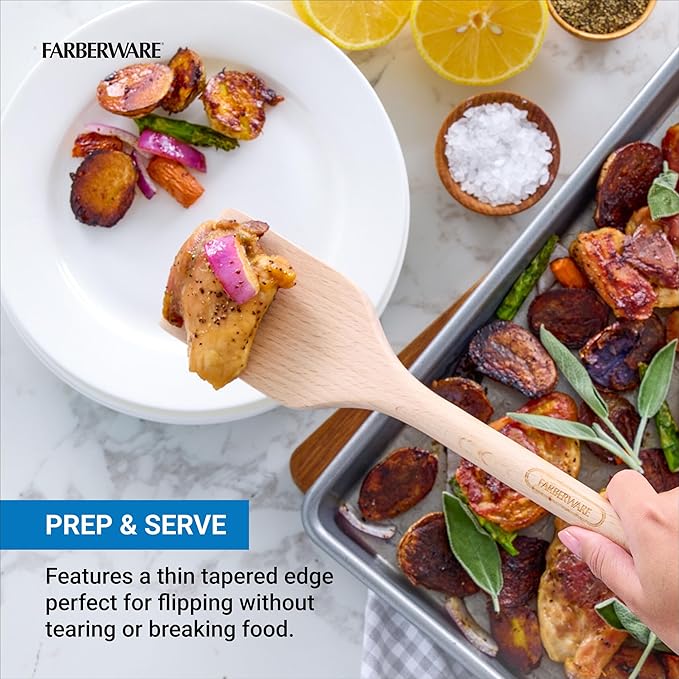 Farberware Beechwood Turner Spatula - Durable Wood Kitchen Utensil with Thin Tapered Edge, Safe for Nonstick Cookware, Perfect for Flipping Pancakes, Eggs, and More